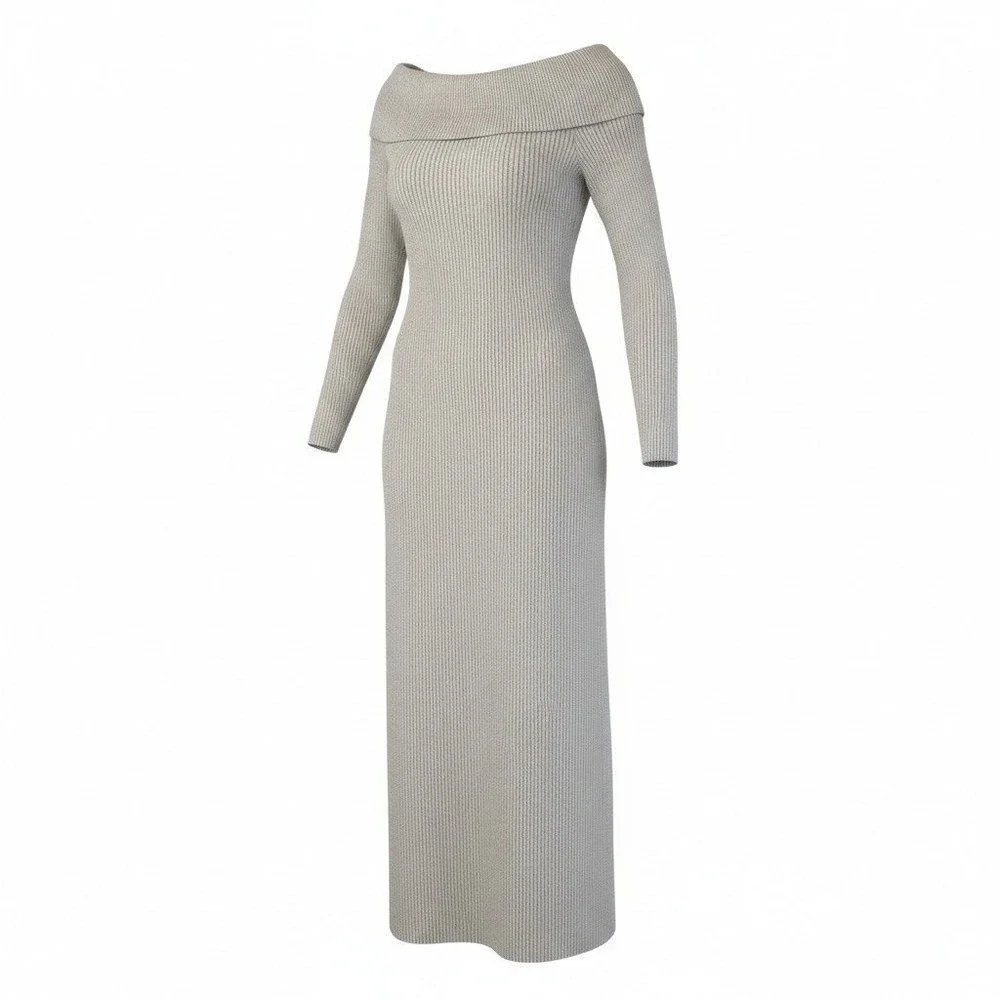 Abercrombie Ribbed Knit Maxi Dress XLP Tan Off Shoulder Quiet Luxury Sweater